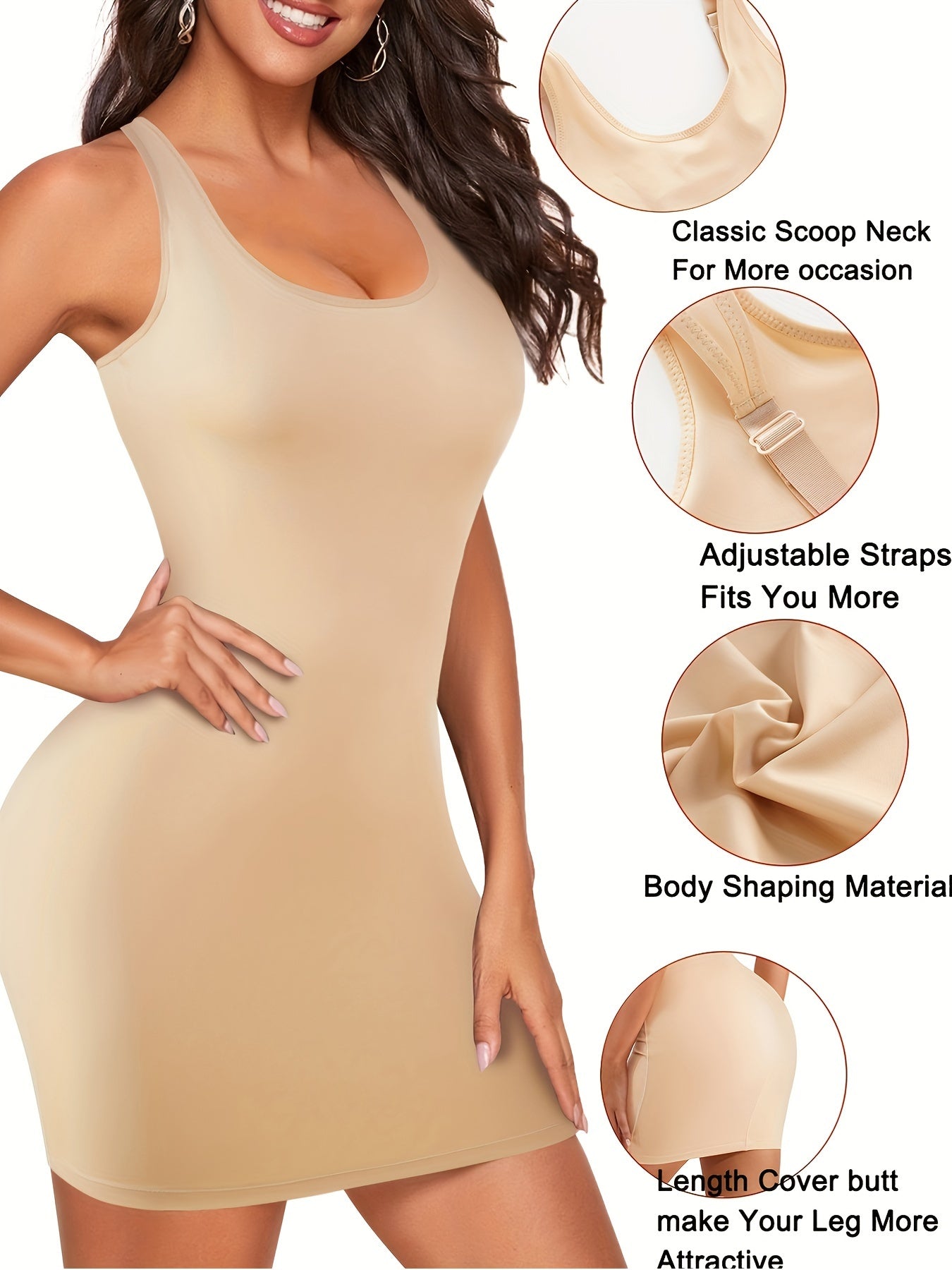 Beige shapewear slip dress that sculpts curves and flattens the tummy with seamless comfort.