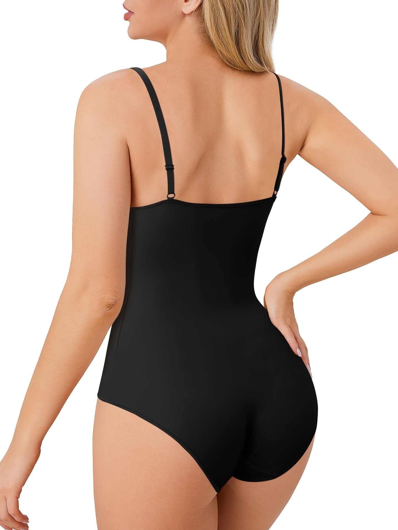Sleek black body shaper bodysuit with thin straps and smooth compression fabric.