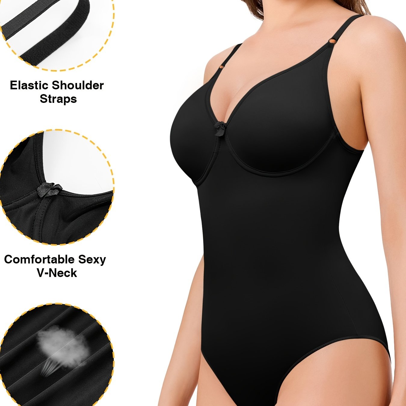 Black wireless seamless bodysuit with built-in bra, offering all-day support and comfort.