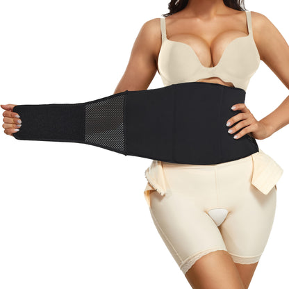 Adjustable abdominal compression belt with mesh panel and velcro closure for posture correction and shaping.

