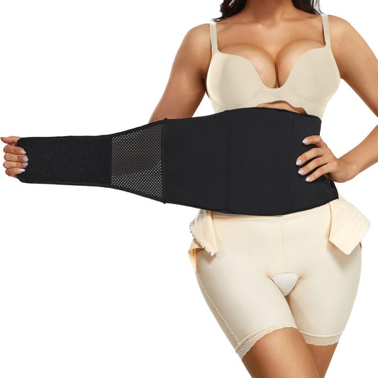 Adjustable abdominal compression belt with mesh panel and velcro closure for posture correction and shaping.

