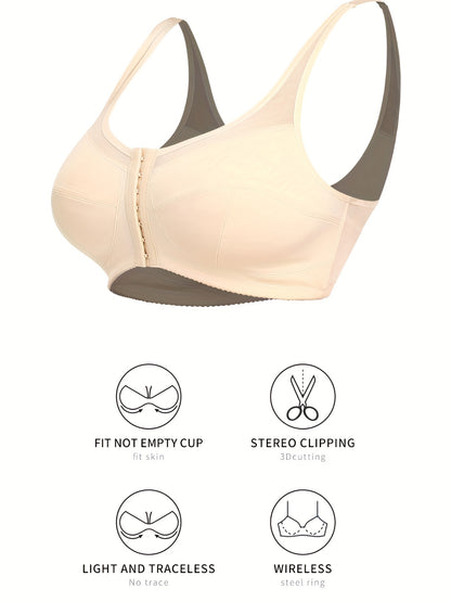 Front fastening sports bra with adjustable straps, ideal for plus size fitness and daily use.