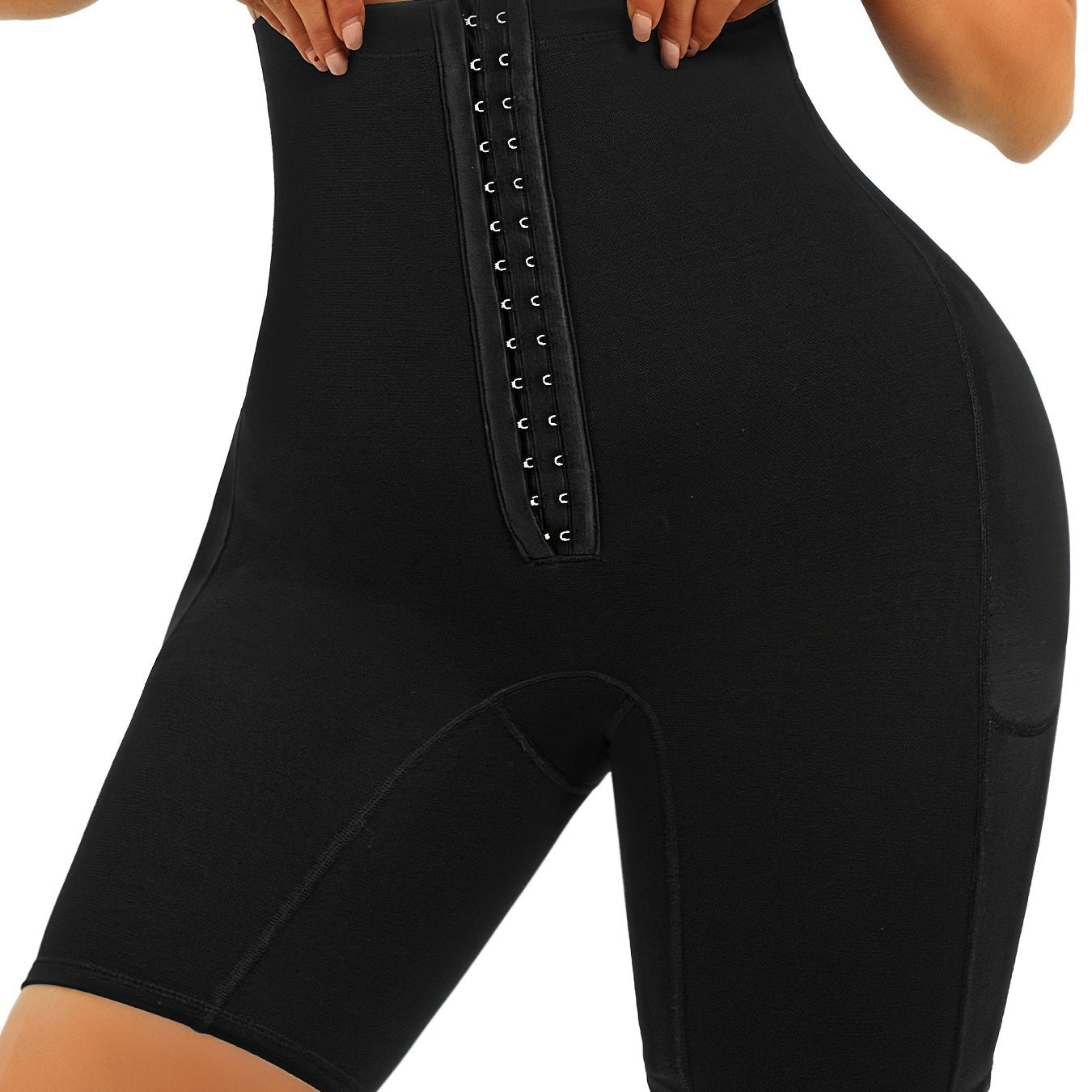Adjustable hook-and-eye closure sculpting shorts for a custom tight fit and compression.
