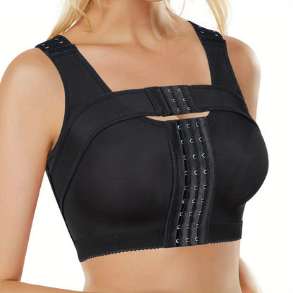 Adjustable surgical support bra with secure multi-row hooks for flexible compression during healing.