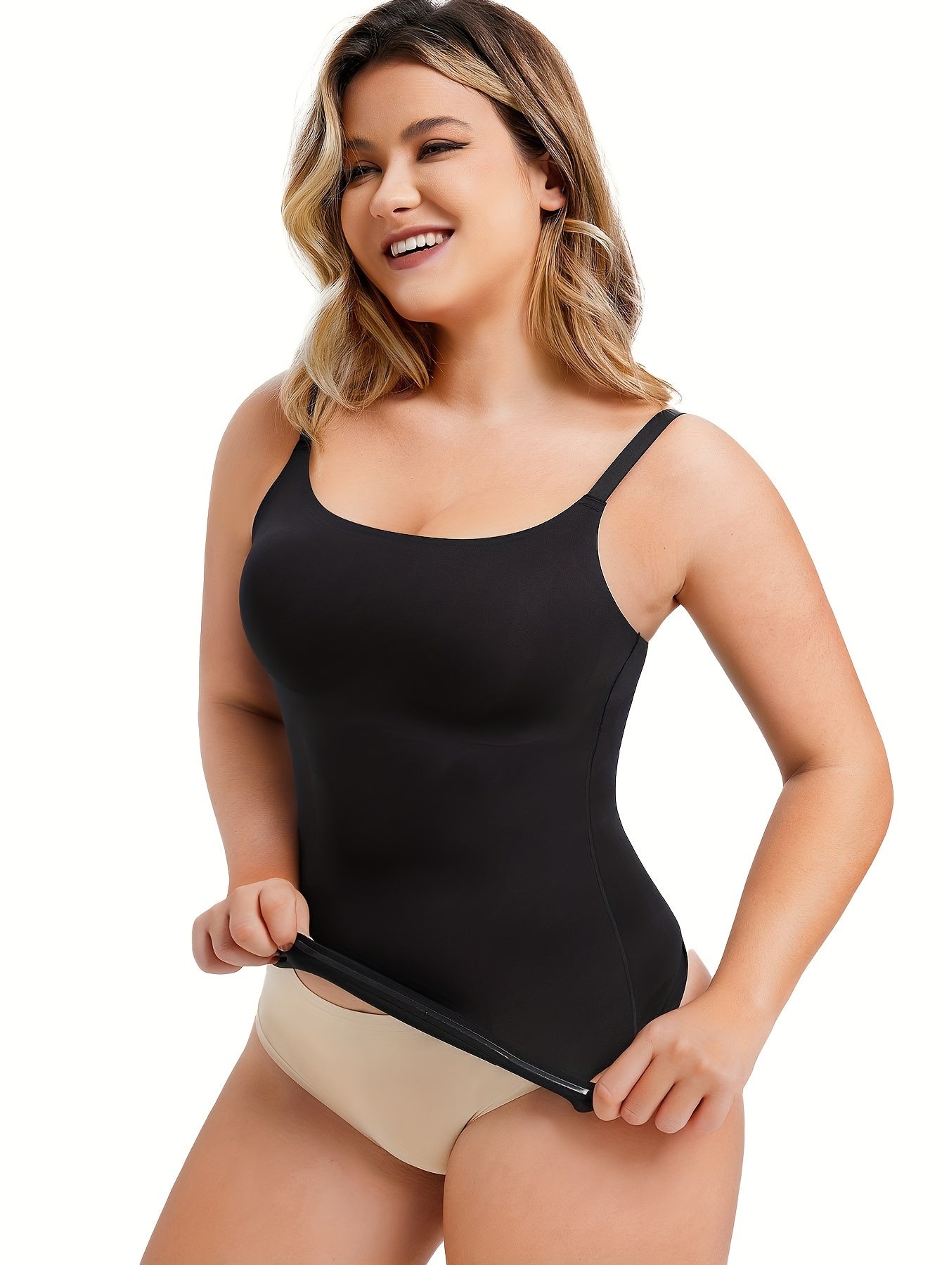 All-season slimming tank top in black made with stretchy fabric for breathable comfort.

