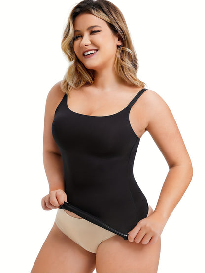 All-season slimming tank top in black made with stretchy fabric for breathable comfort.

