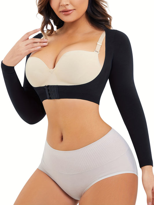 Compression arm slimmer shapewear top with push-up bust support and front buckle for daily sculpting.