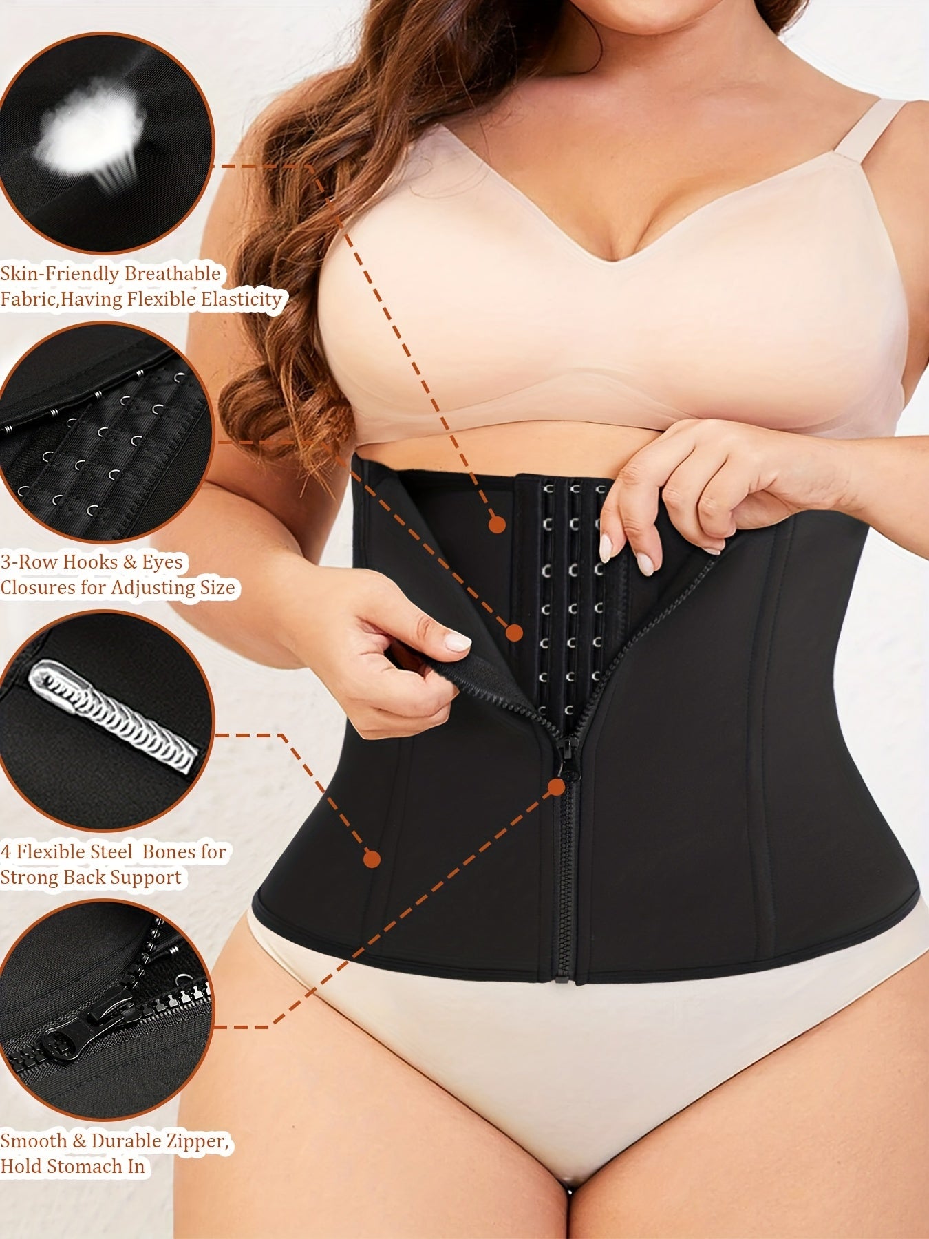 Back view of plus size waist trainer with steel bone support for improved posture and comfort.