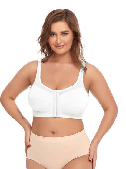 Black front closure bra in plus size with wireless design and maximum breathability.