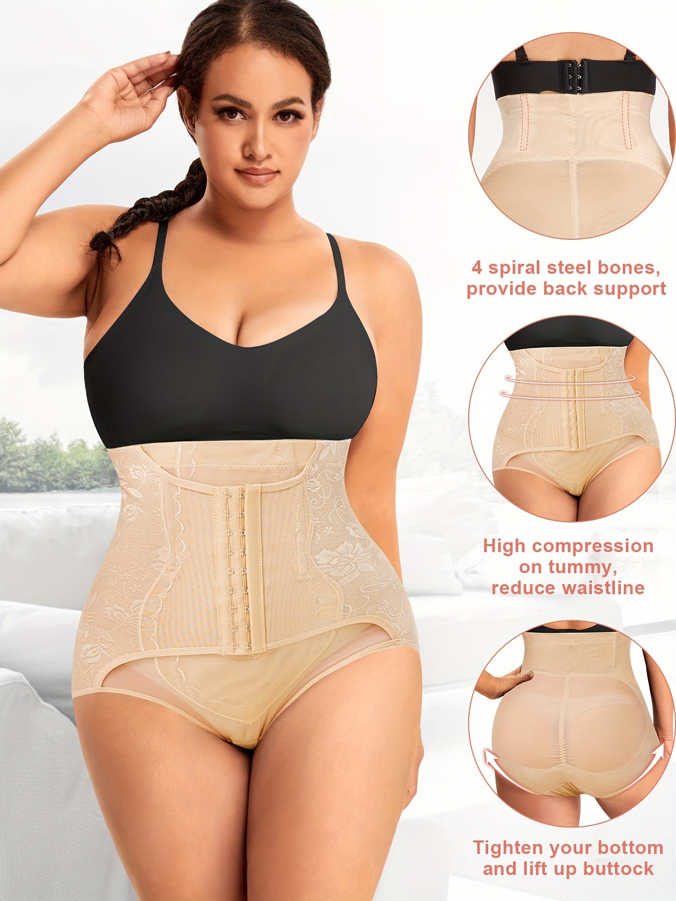Back view of black shapewear for plus size women showing mesh support and full rear coverage for enhanced curves.
