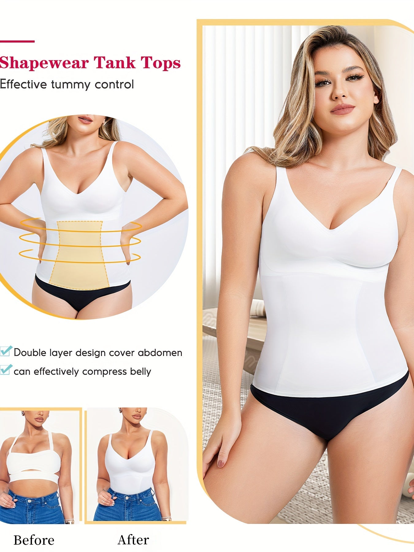 Black seamless camisole shapewear with adjustable straps and light tummy smoothing effect.

