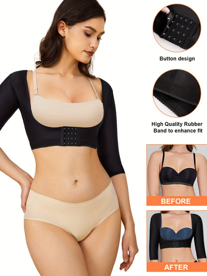 Black shaping top with smooth back coverage, front hooks, and sleek contour fit.

