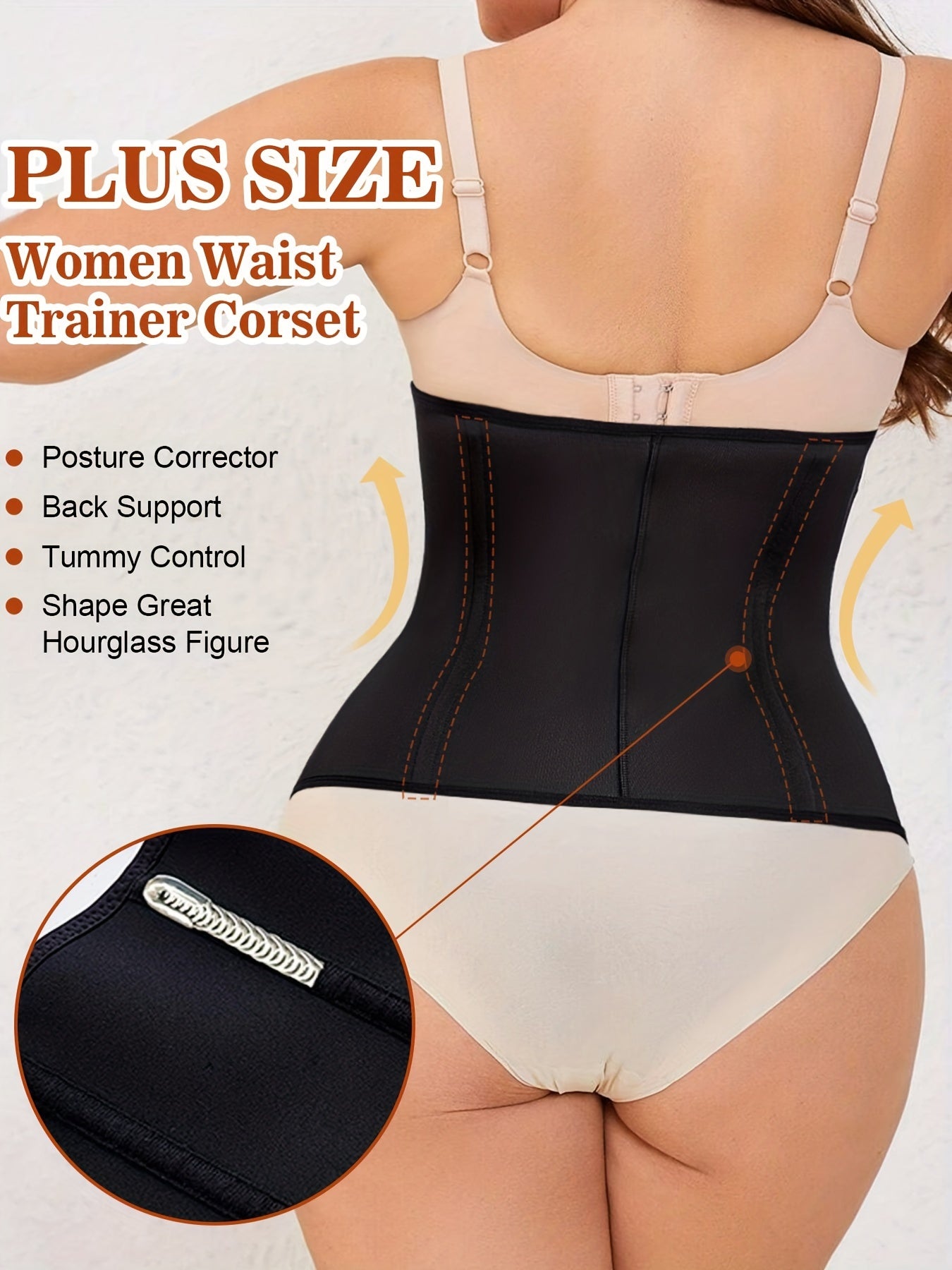 Black waist trainer corset with flexible structure and breathable fabric for daily wear.