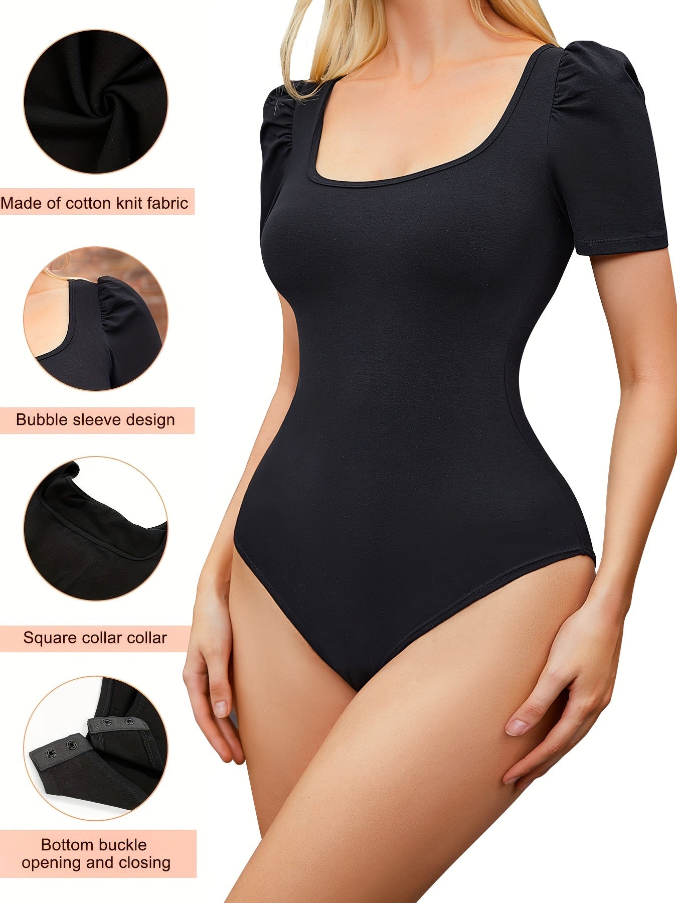 Chic square neck bodysuit in black with tailored fit and puffed short sleeves for a flattering silhouette.

