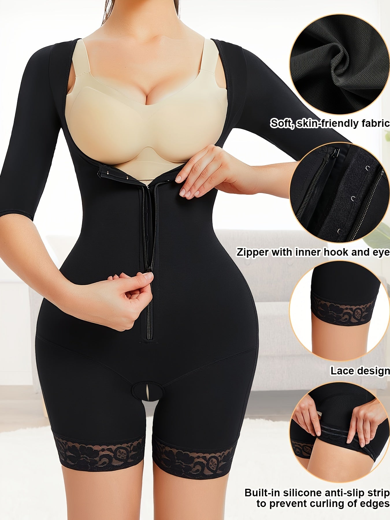 Compression body shaper with sleeve coverage to slim arms, waist, and thighs.