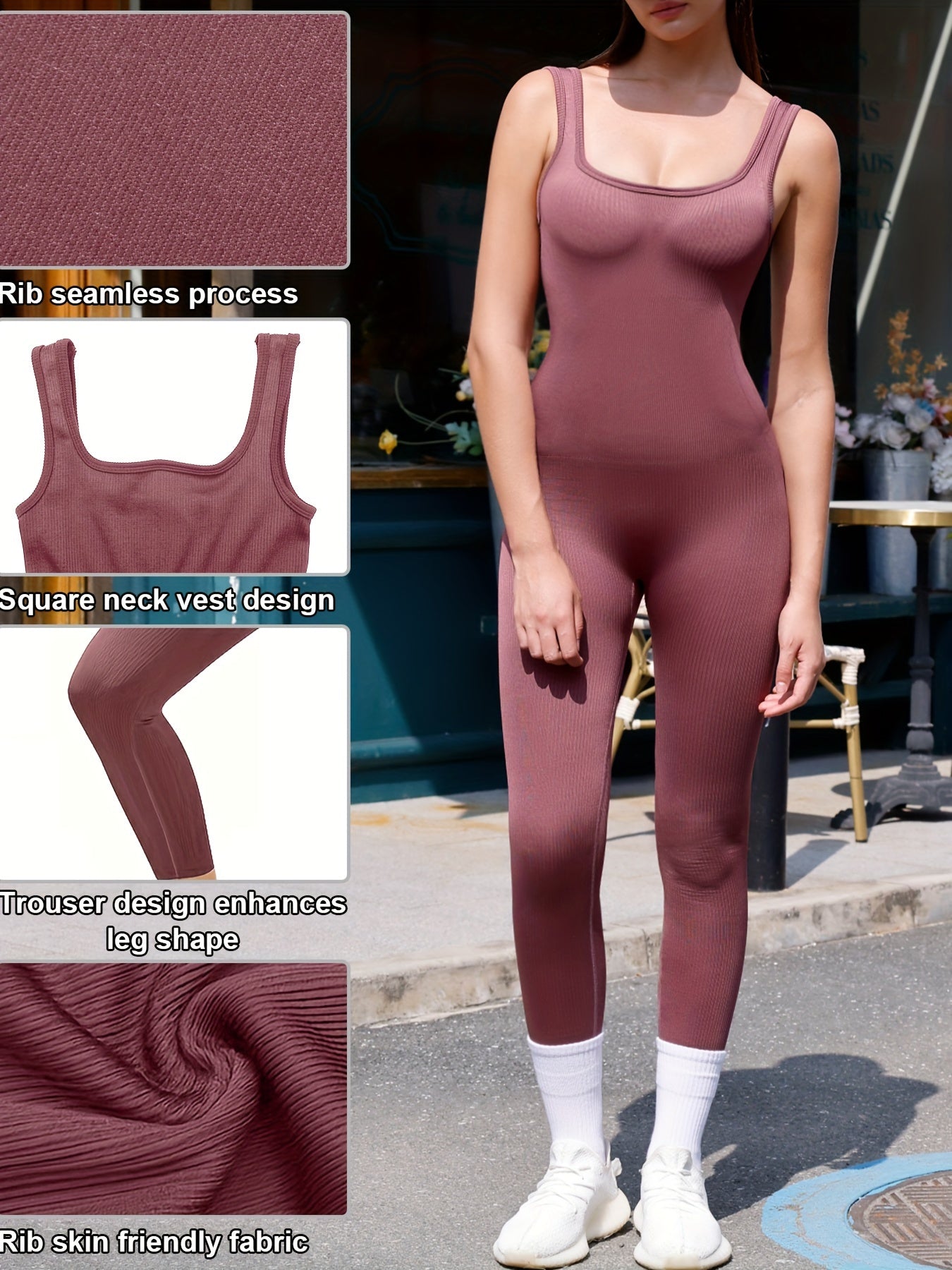 Compression jumpsuit with a square neckline and ribbed texture for natural lift and support.

