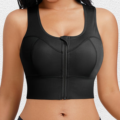 Compression sports bra with zip style closure for firm, snug feel and support.