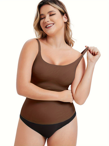 Wire-free compression tank for curvy women offering bust support and smooth lines.

