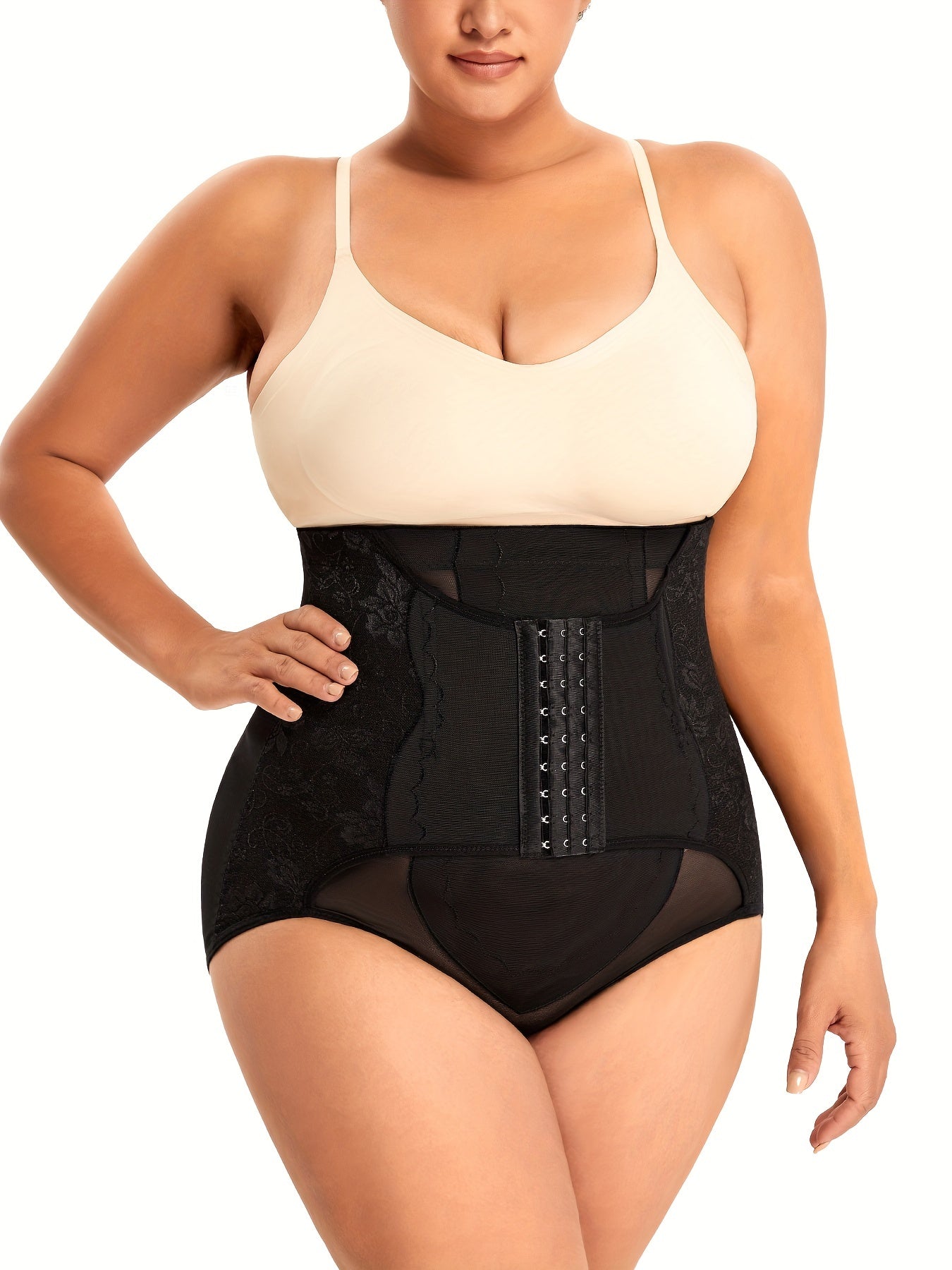 Full-body compression shapewear for curvy women featuring jacquard design and sculpting support for a sleek silhouette.