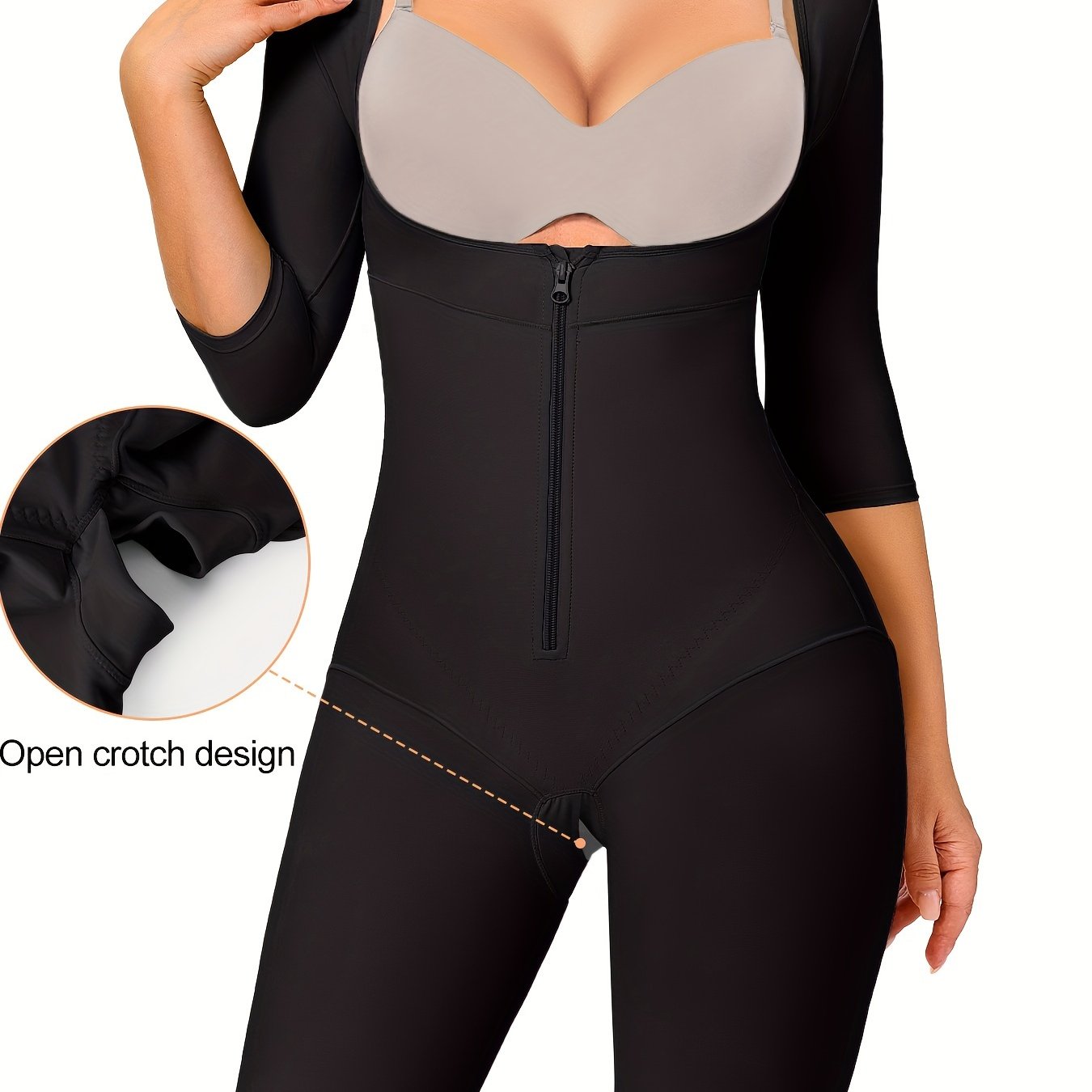 Body shaper with open crotch feature for hassle-free bathroom use during recovery.

