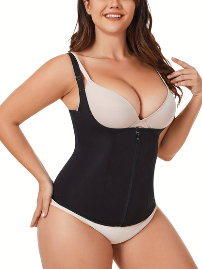 Everyday body shaper with casual design and secure buckle front for bust and belly control.