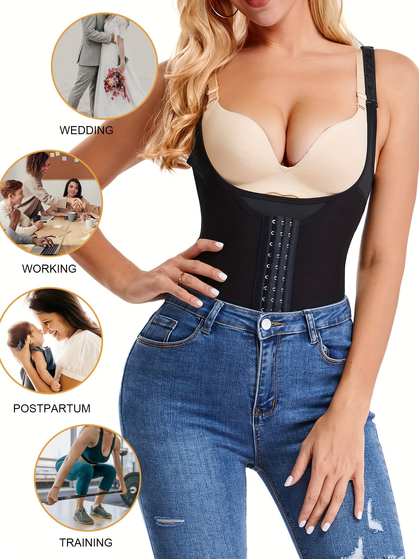 Firm control bodysuit designed to sculpt the waist, flatten the belly, and support bust.