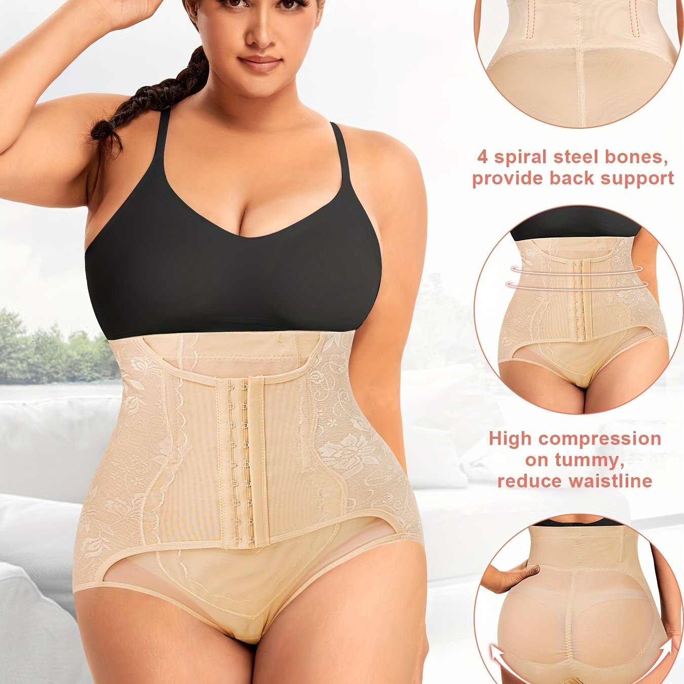 Elegant floral jacquard body shaper designed for curvy women, offering smooth compression and a seamless silhouette under any outfit.