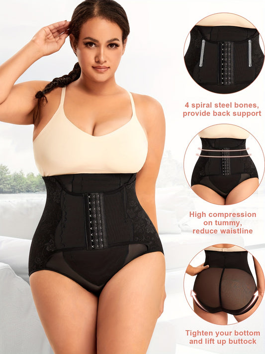 Plus size floral jacquard shapewear bodysuit designed for tummy control and full body sculpting with breathable mesh panels.