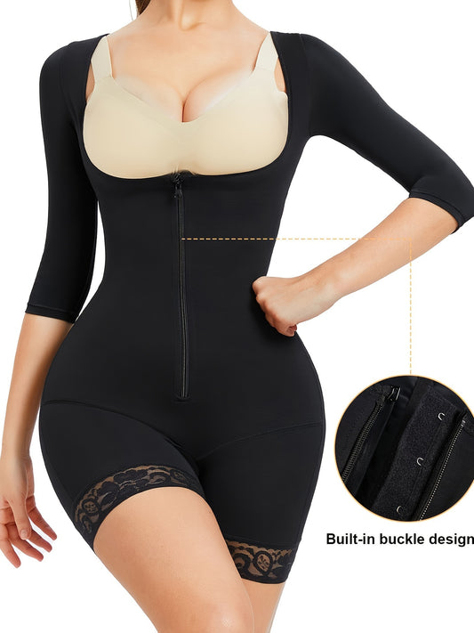 Full body shaper with mid-length sleeves in black, offering complete shaping from bust to thighs.