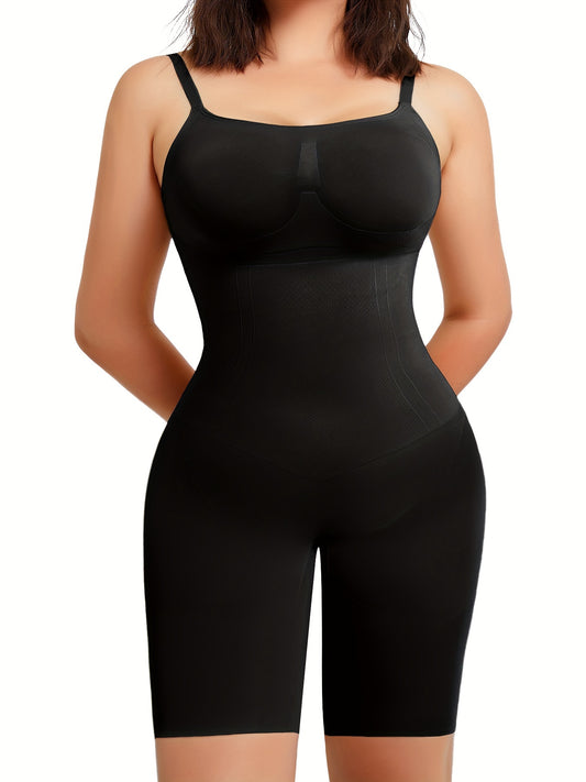 Black full body shapewear bodysuit with seamless design to slim waist, tone thighs, and support bust.

