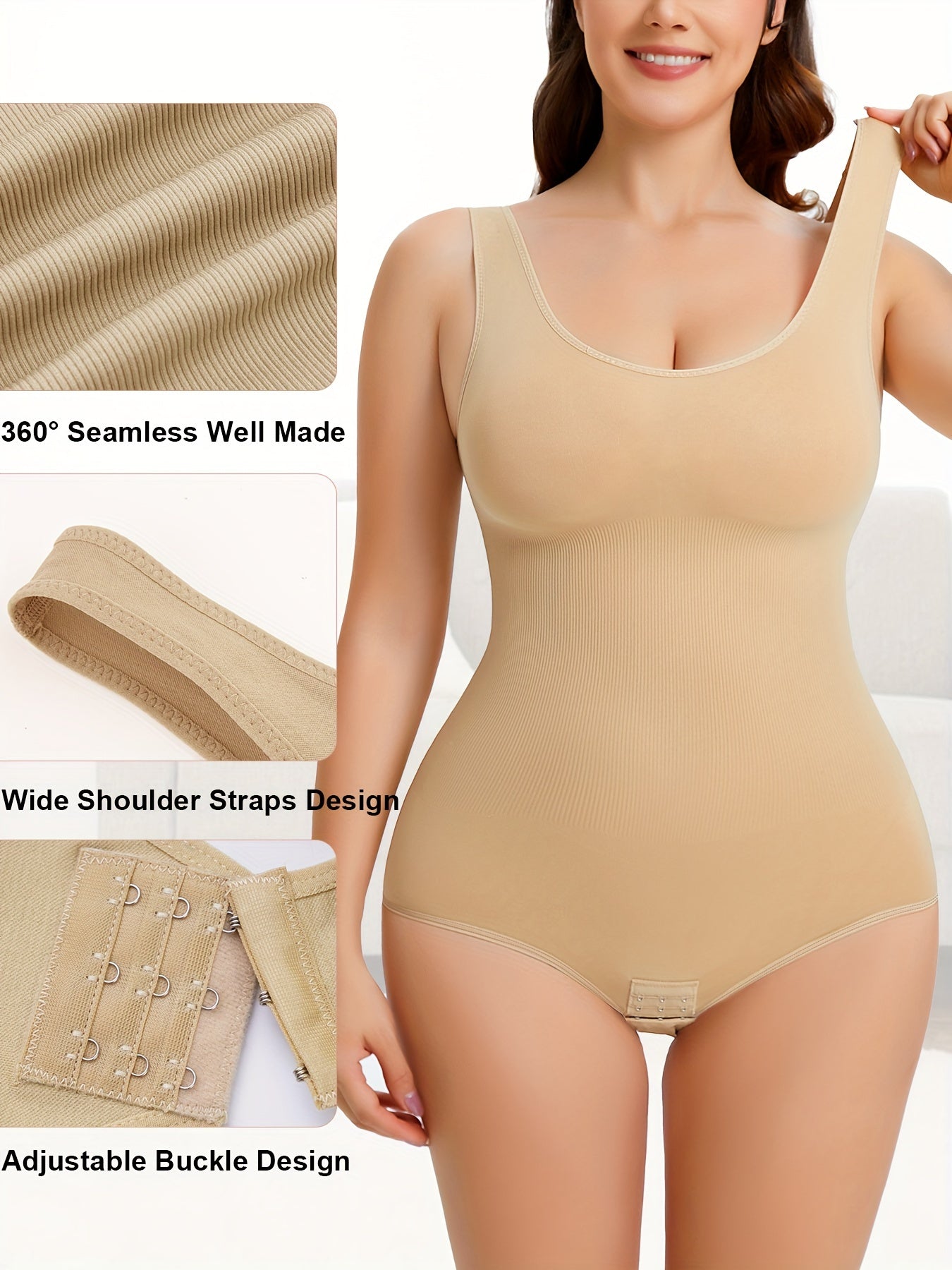 Full-body shaping compression bodysuit with high elasticity and supportive panels for all-day wear.