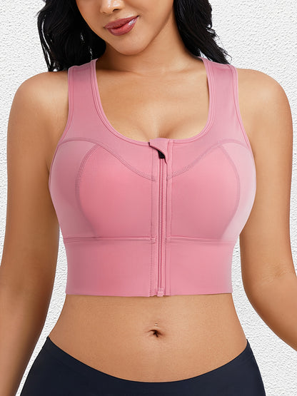 Sweatproof zipper bra with moisture-wicking fabric and breathable mesh lining.