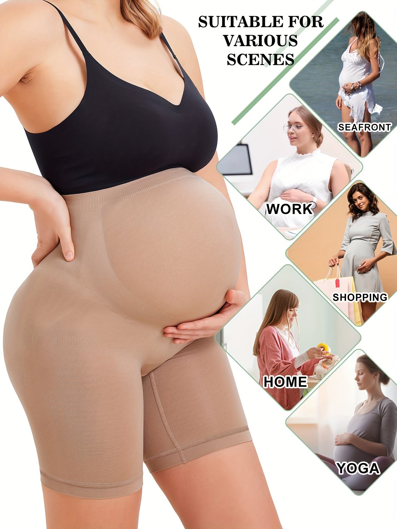 High-waisted maternity boxers with light compression for belly, hips, and thighs.

