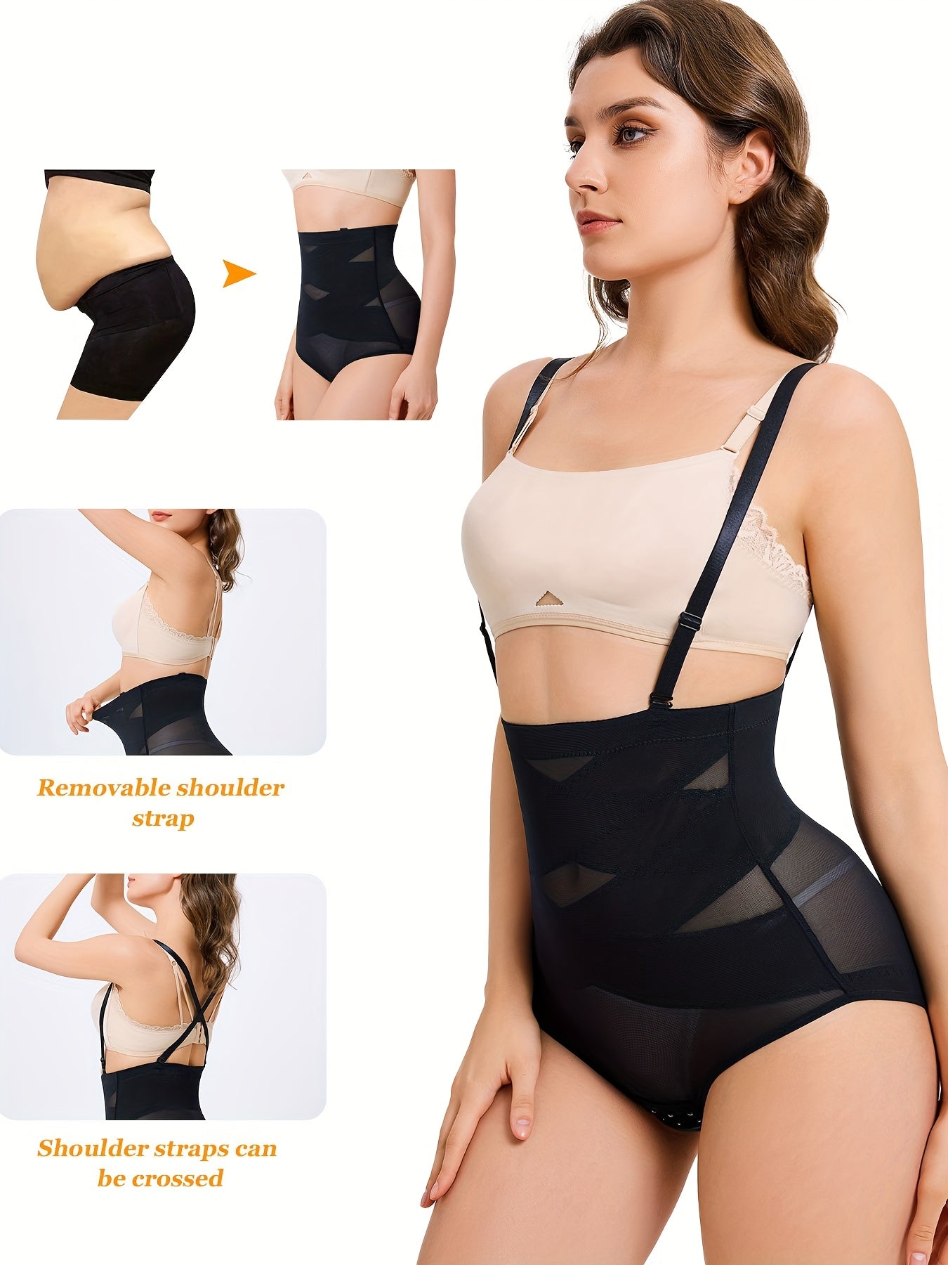 Black high waist mesh shapewear panties with adjustable straps and breathable fabric.

