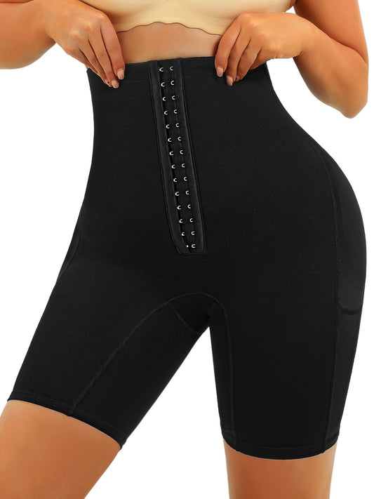 High waist sculpting shorts with front hook closure, designed for strong compression and tummy flattening.
