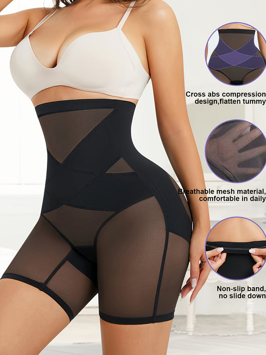 High waisted sheer shaping shorts for women with breathable mesh and tummy control panels.