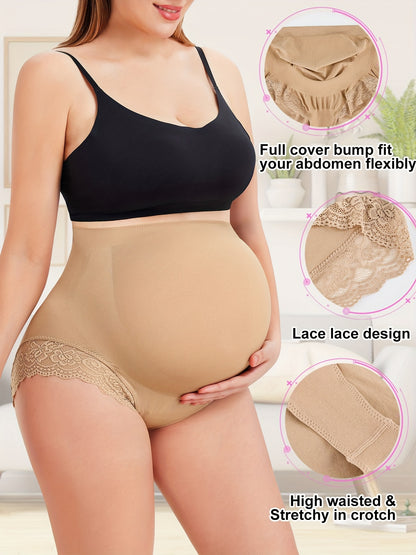 High waist lace maternity panties providing full bump support and feminine styling for pregnant women.

