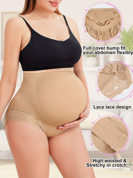 High waist lace maternity panties providing full bump support and feminine styling for pregnant women.

