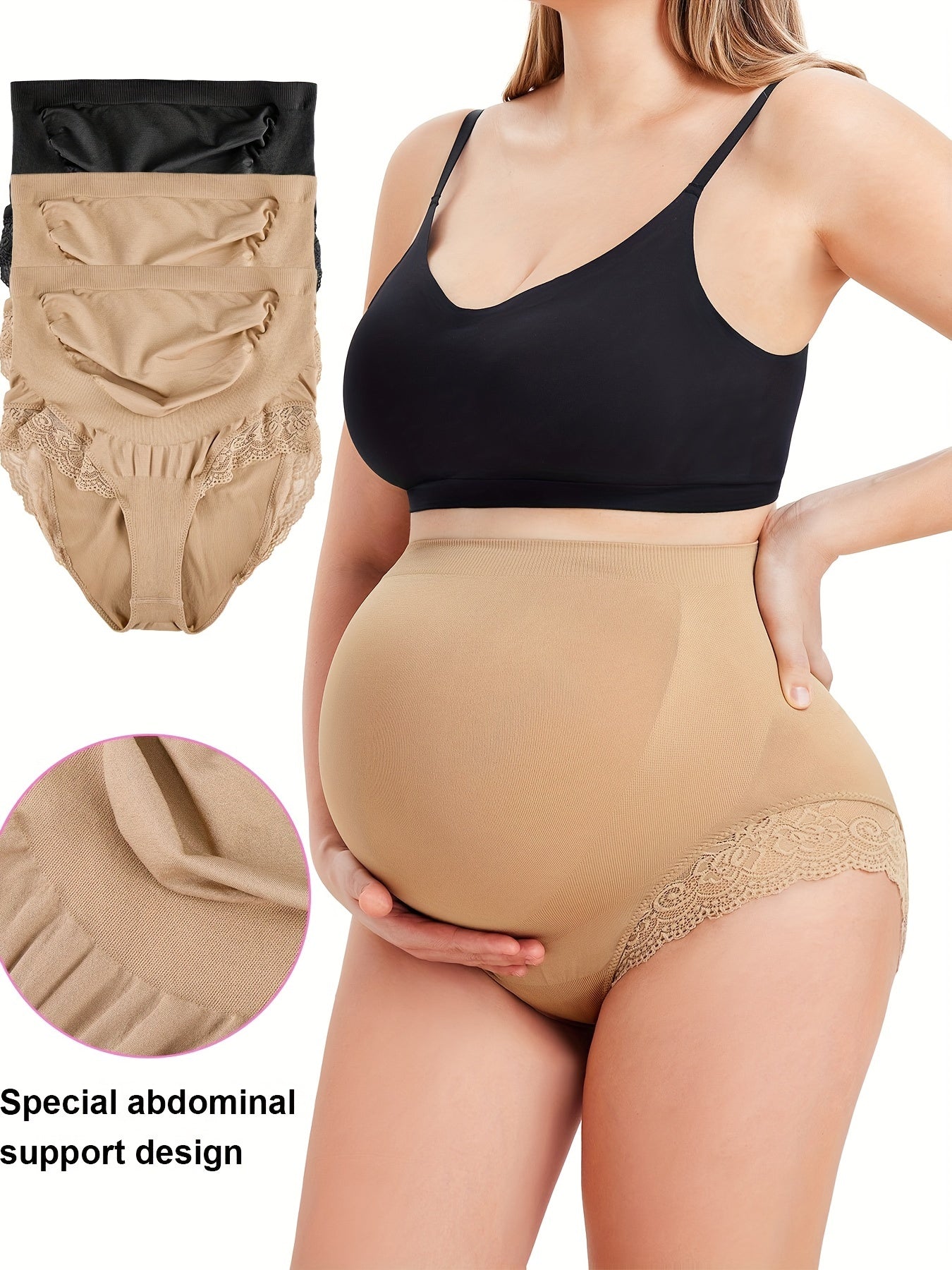 Maternity briefs with delicate lace trim and soft-touch fabric for a gentle feel on the skin.

