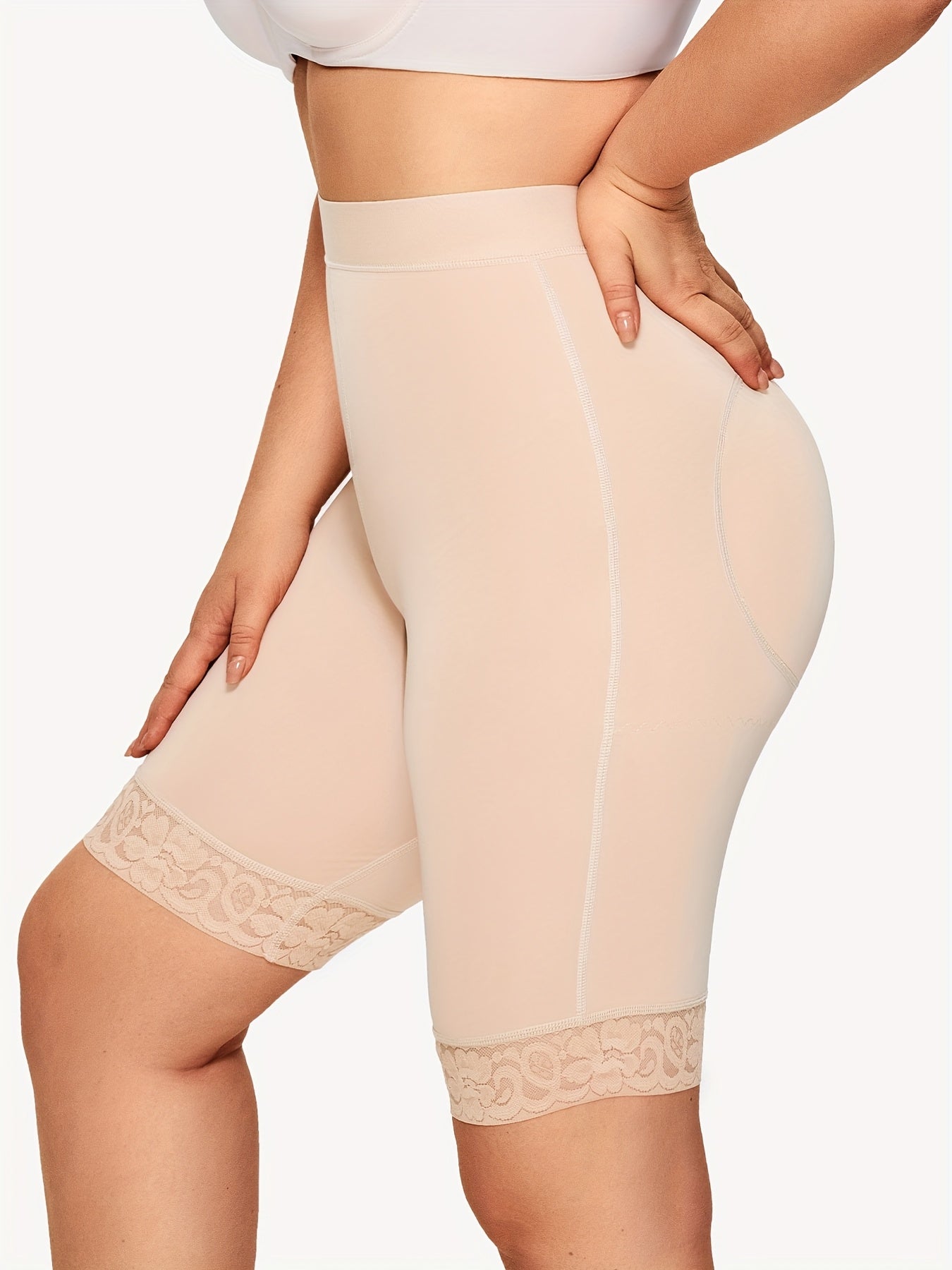 Sporty lace trim shorts invisible under tight clothing while offering shaping support.

