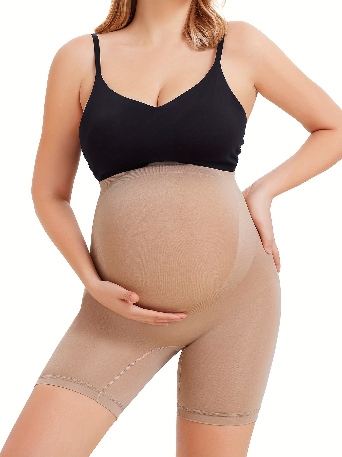 Seamless maternity boxer briefs with belly support panel for pregnant women seeking comfort and flexibility.
