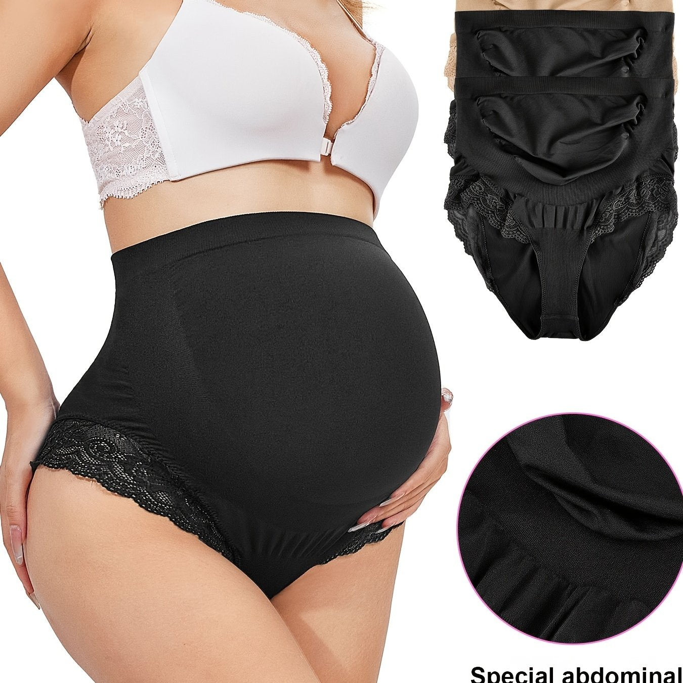Lace maternity briefs providing gentle fit and support across the waist and hips.

