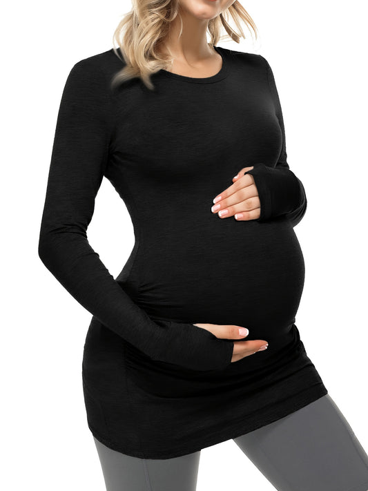 Maternity long sleeve tee in black with stretchy fabric and a bump-hugging fit.