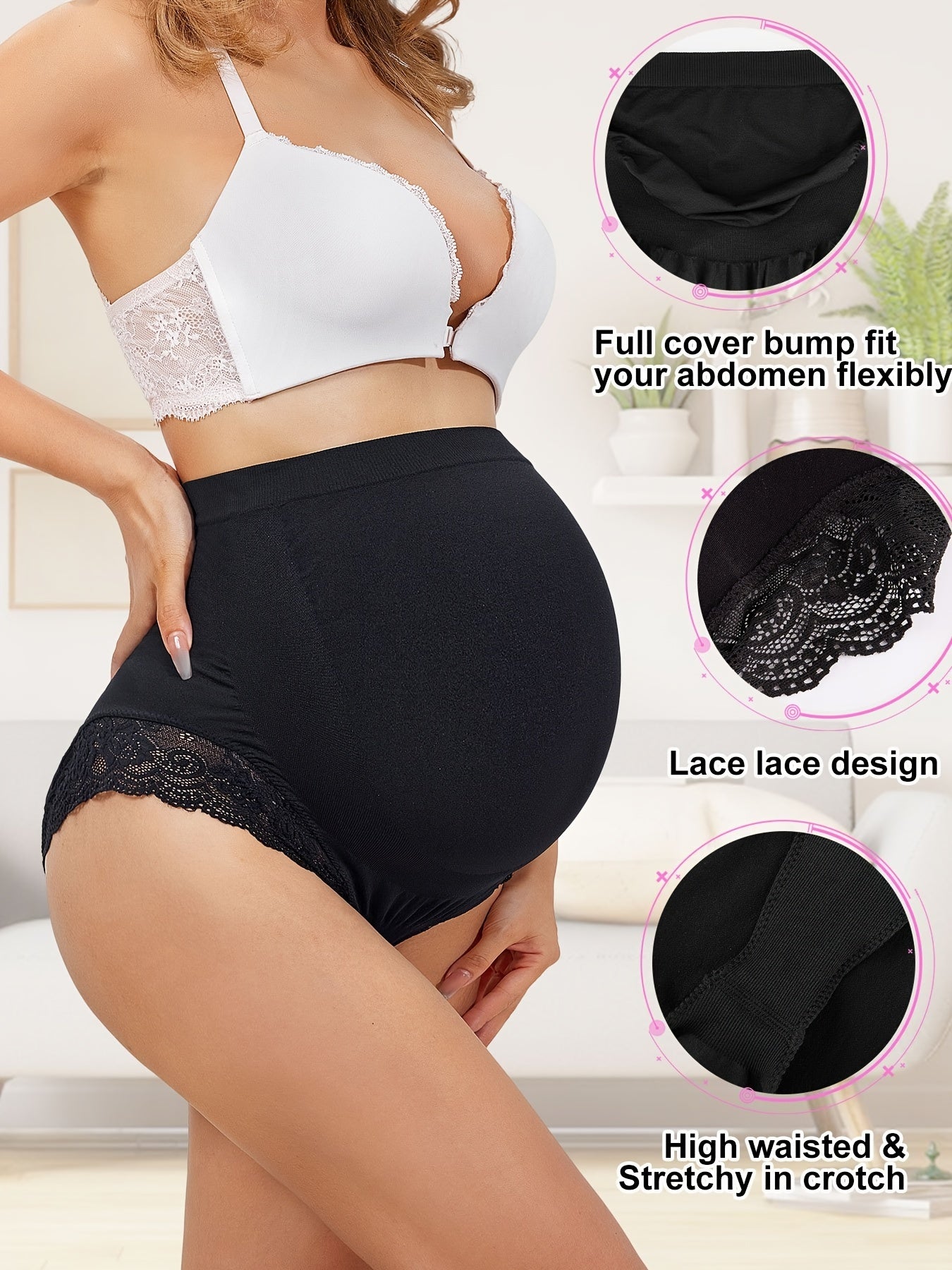 Maternity panties with lace leg openings and smooth bump fit for no-slip support.


