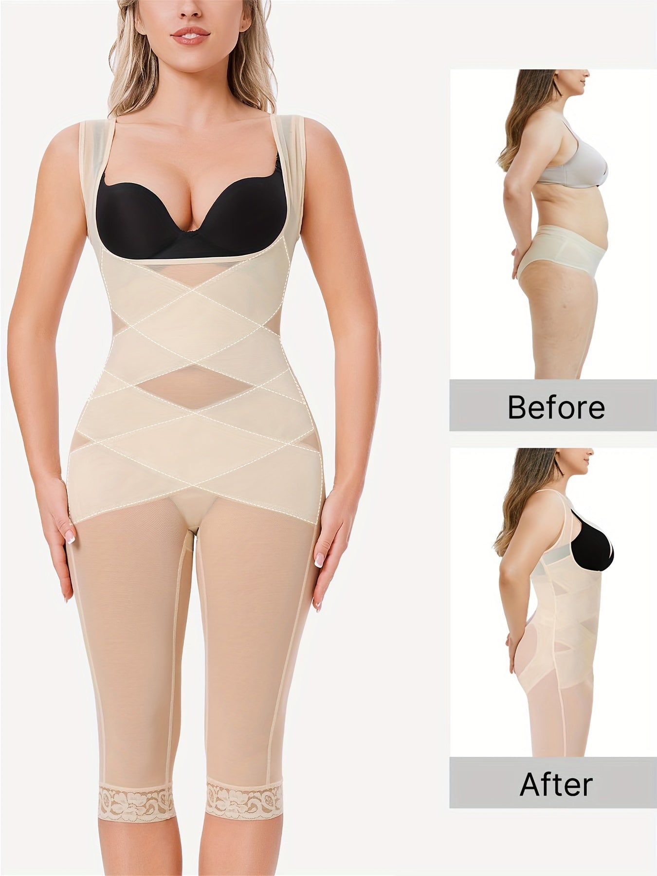 Mid-thigh shapewear with lace trim and compression zones to enhance natural curves.