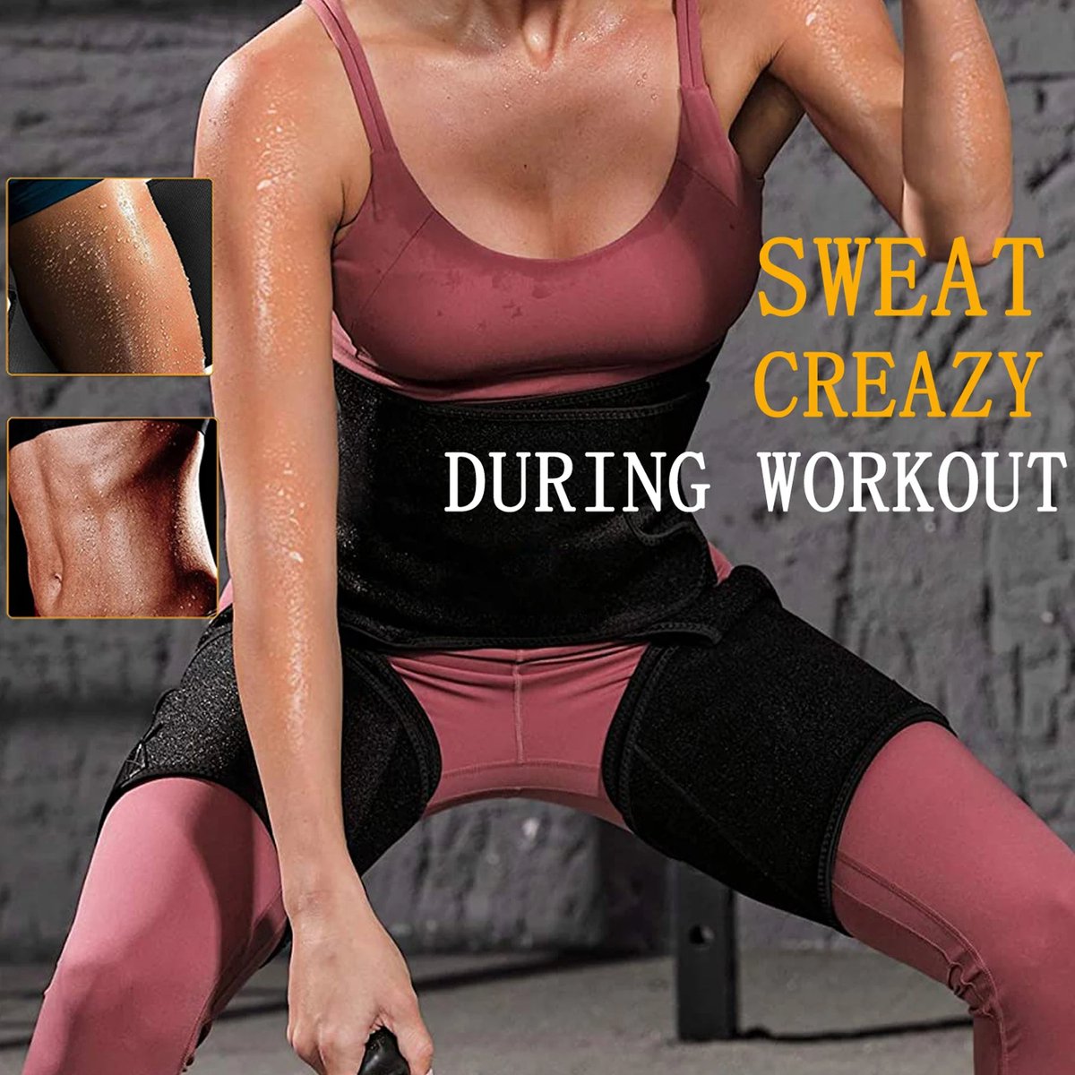 Neoprene-based sweat trimmer for women with strong compression and moisture-lock inner lining.
