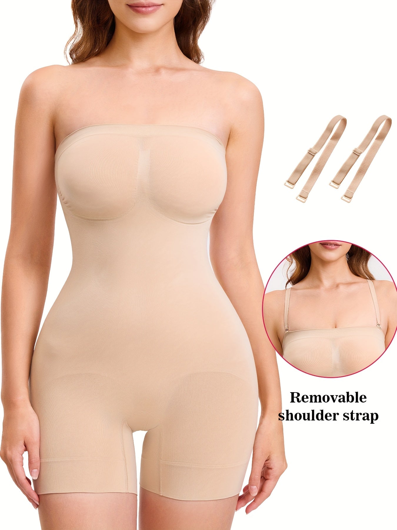 Tummy control bodysuit with bust lift support and seamless shaping fit in a nude shade.


