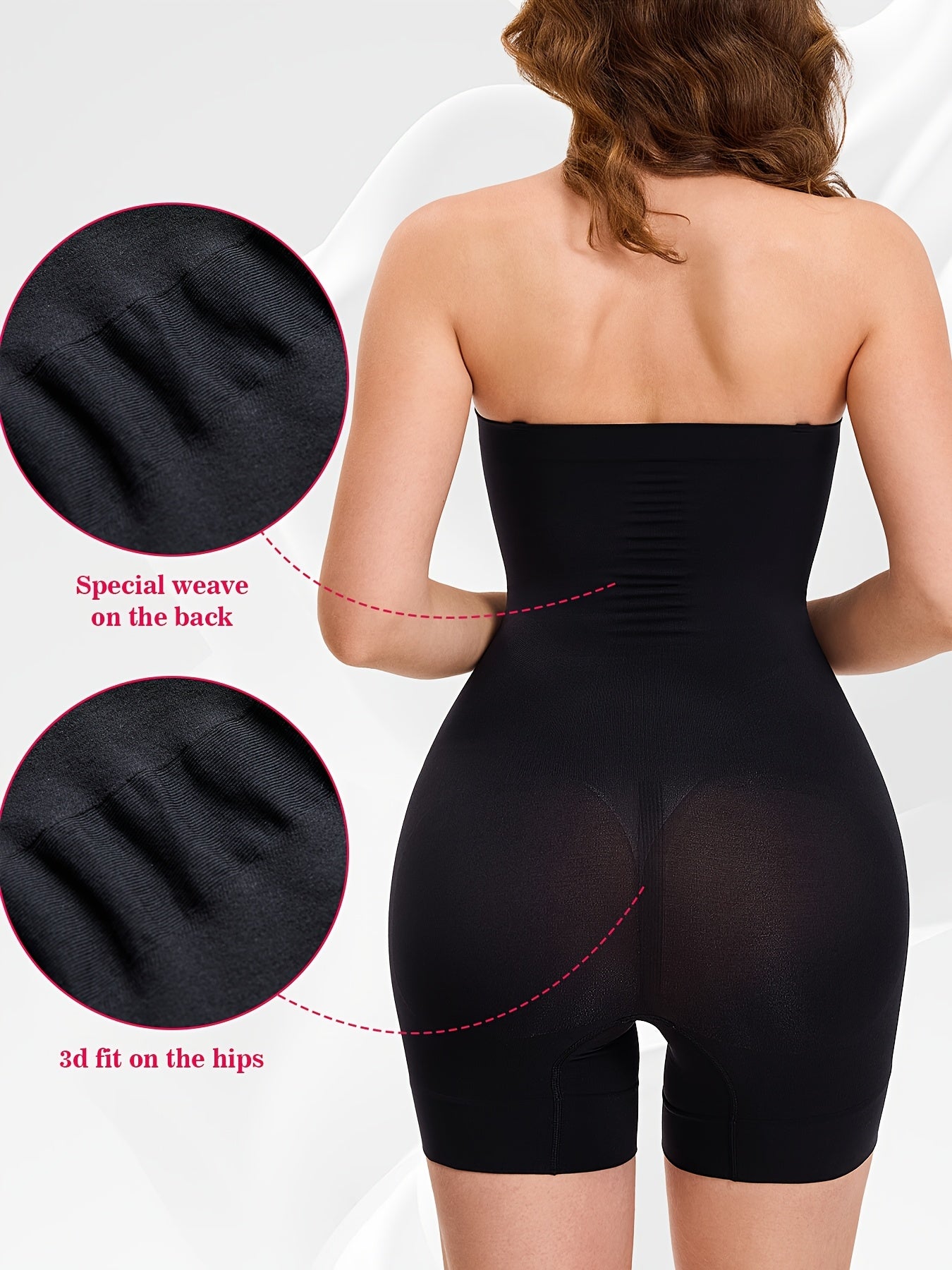 Seamless compression bodysuit in nude, strapless design perfect for invisible smoothing.

