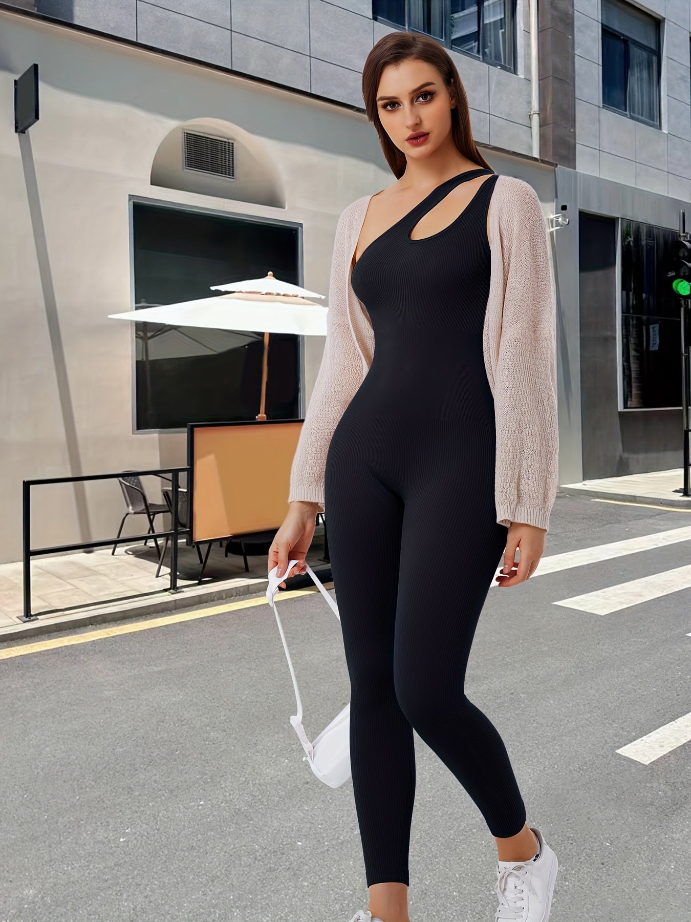 Activewear set with one shoulder ribbed bodysuit and leggings for women seeking stylish support.

