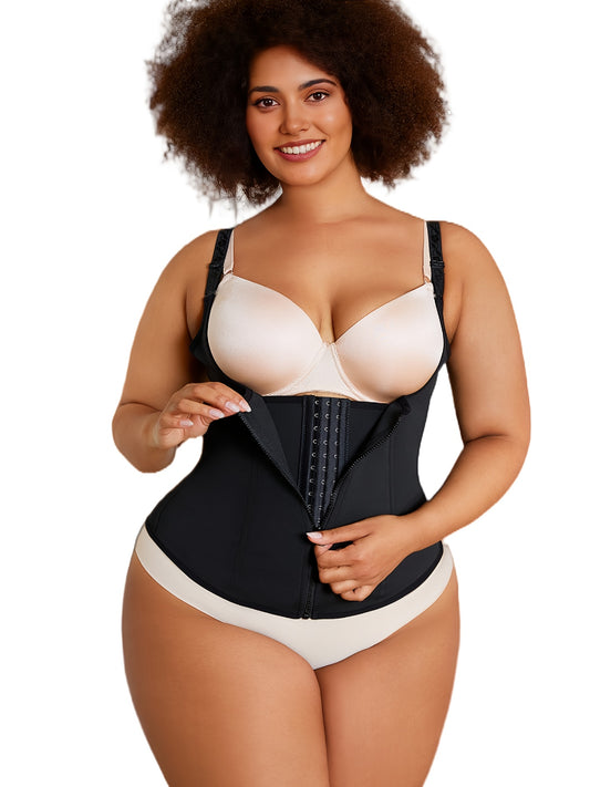 Plus size body shaper with supportive buckle front, providing breast lift and tummy compression.